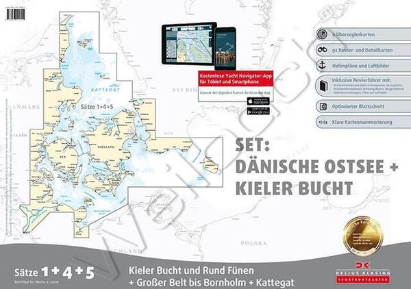 Klasing Søsportskort Sæt 1 + 4 + 5, Kieler Bugt og Rundt Fyn, Storebælt med Bornholm og Kattegat